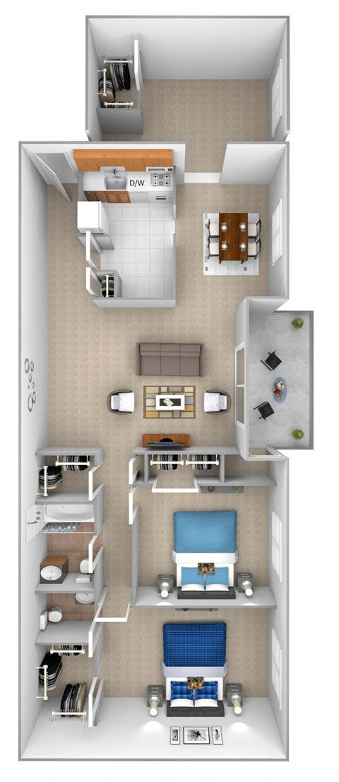 Floor plan for 2 beds, 1.5 baths, 899 sqft